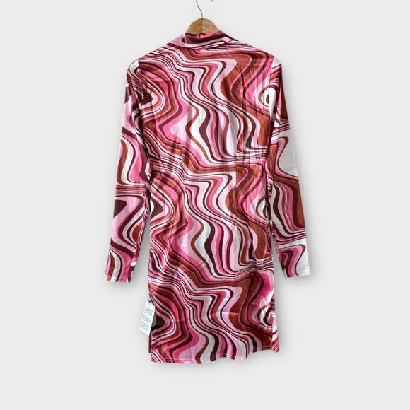 ASOS Design Sexy Swirl Long Sleeve Mini Shirt Dress Pink US 6 NWT - Picture 2 of 7